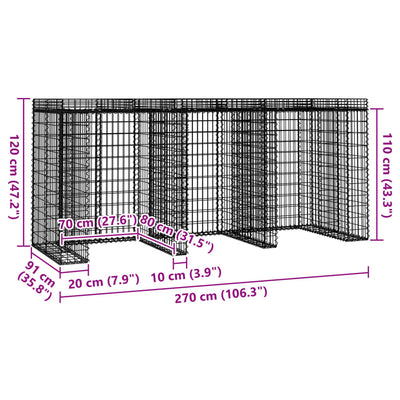 Gabion kivikoriseinä jäteastialle 270x91x120 cm sinkitty rauta