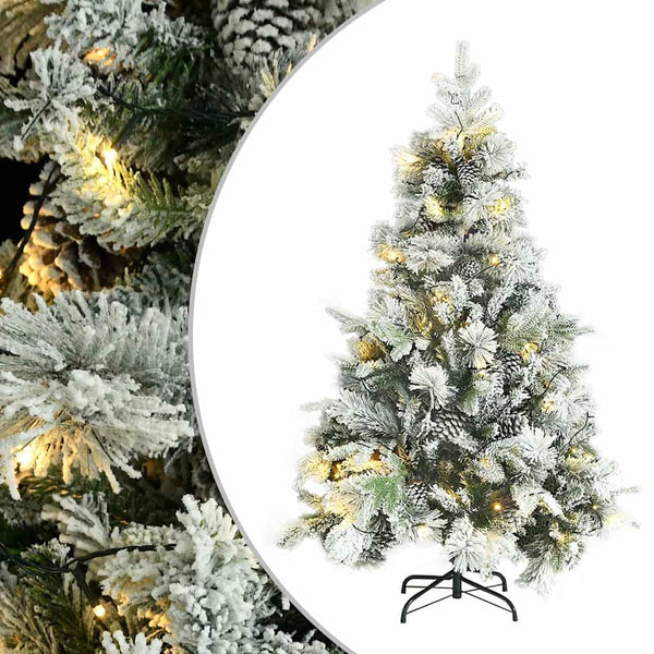 Esivalaistu tekojoulukuusi lumihuurre ja kävyt 150 cm PVC ja PE