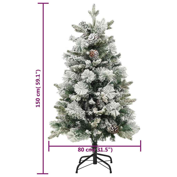Esivalaistu tekojoulukuusi lumihuurre ja kävyt 150 cm PVC ja PE