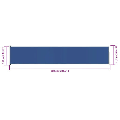 Sisäänvedettävä terassin sivumarkiisi 117x600 cm sininen