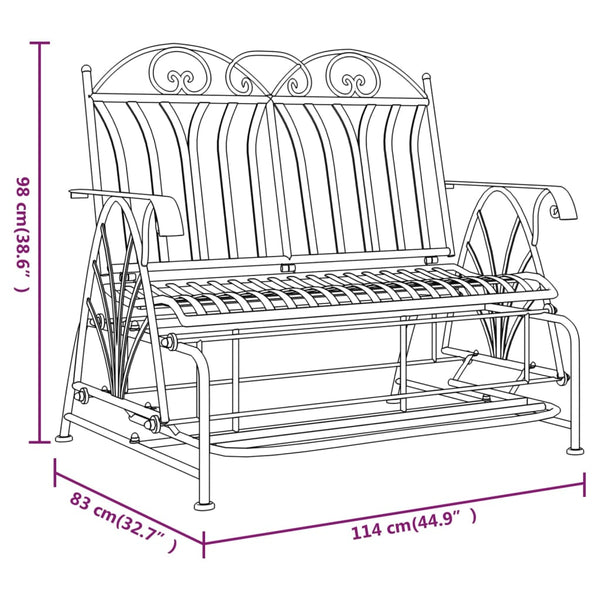 Musta liukujalkapenkki West 114cm (2-istuttava, teräs)