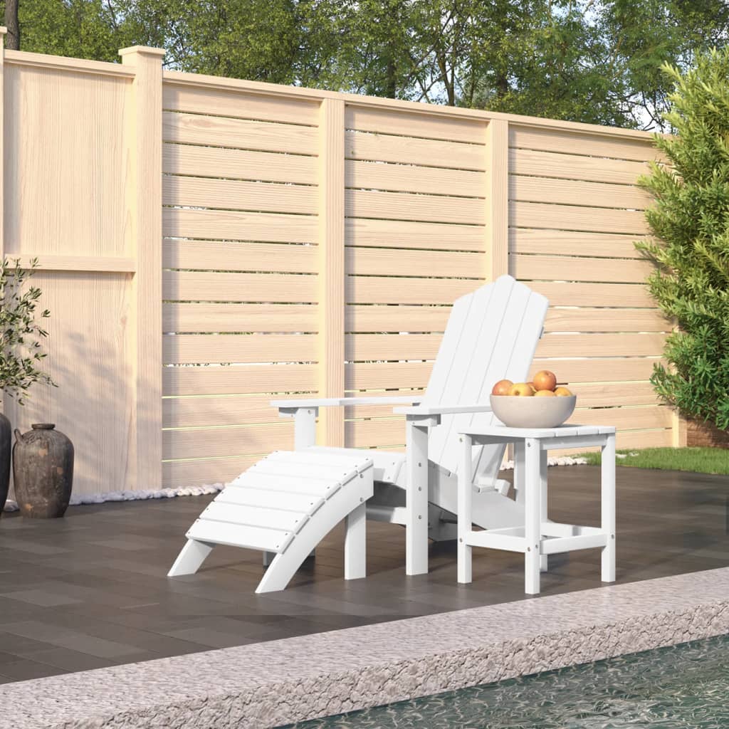 Valkoinen adirondack puutarhatuoli jalkatuella ja pöydällä Jenut (hdpe)