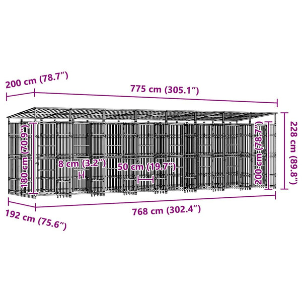 Koiran ulkohäkki katolla teräs 14,75 m²