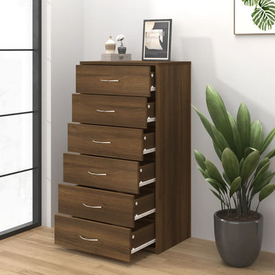 Senkki 6 laatikolla ruskea tammi 50x34x96 cm tekninen puu