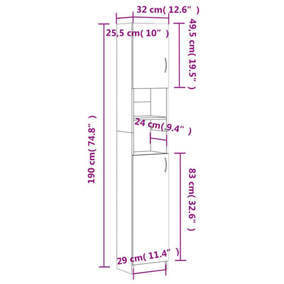 Kylpyhuoneen kaappi ruskea tammi 32x25,5x190 cm tekninen puu