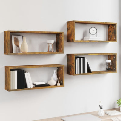 Seinäkuutiohyllyt 4 kpl savutammi 60x15x23 cm tekninen puu