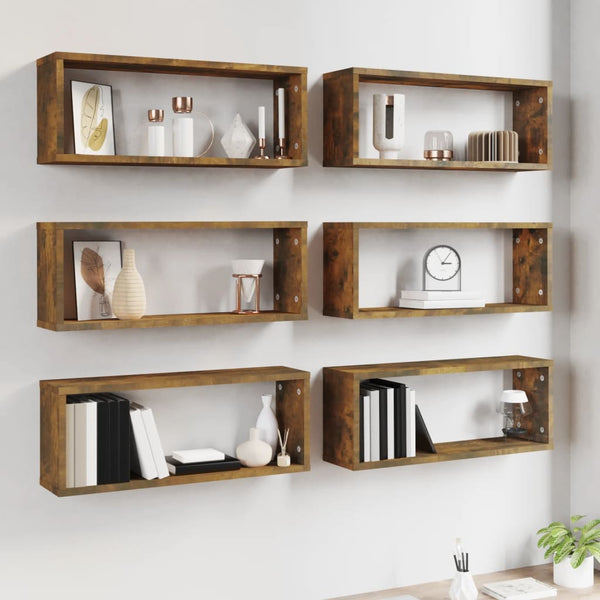 Seinäkuutiohyllyt 6 kpl savutammi 60x15x23 cm tekninen puu