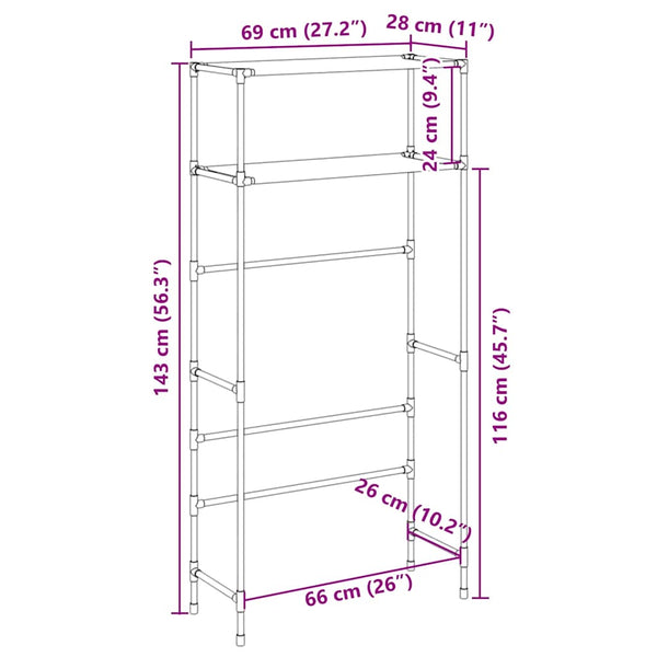 Musta säilytyshylly pesukoneen ylle Anisoara 69x28x143cm (2 tasoa, rauta)