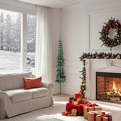 Vihreä kapea puolikas tekojoulukuusi jalustalla Zabulica 150cm