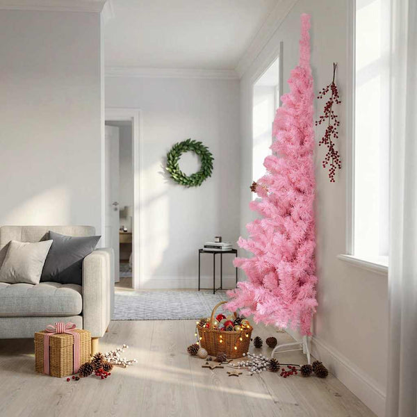 Tekojoulukuusen puolikas jalustalla pinkki 240 cm PVC