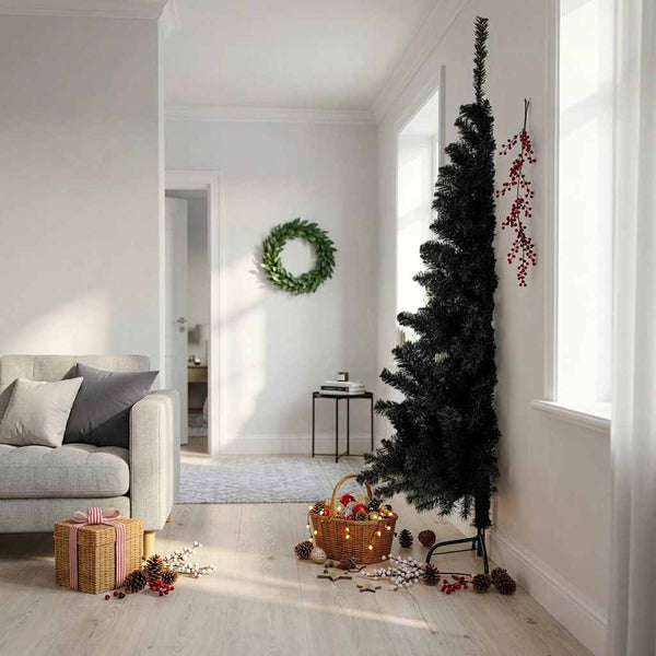 Tekojoulukuusen puolikas jalustalla musta 210 cm PVC
