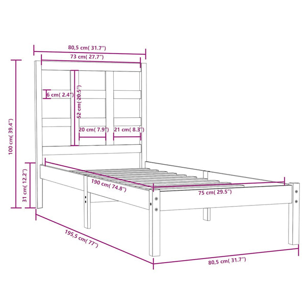 Sängynrunko hunajanruskea täysi puu 75x190 cm Small Single