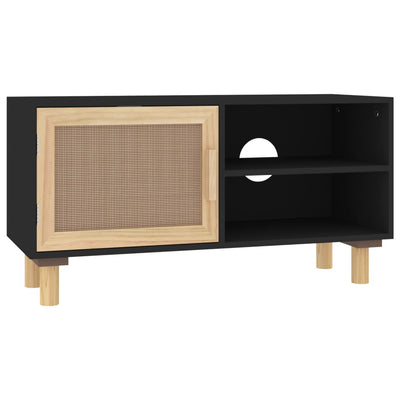 TV-taso musta 80x30x40 cm täysi mänty ja luonnonrottinki