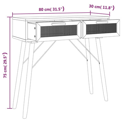 Konsolipöytä ruskea 80x30x75 cm täysi mänty ja rottinki