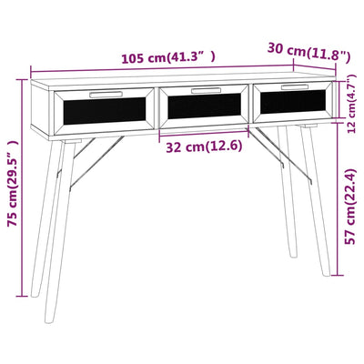 Konsolipöytä musta 105x30x75 cm täysi mänty ja rottinki