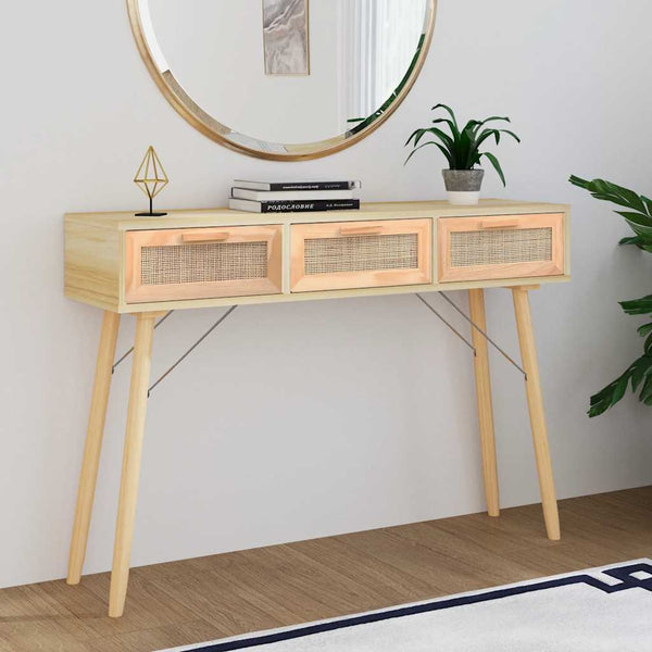 Konsolipöytä ruskea 105x30x75 cm täysi mänty ja rottinki