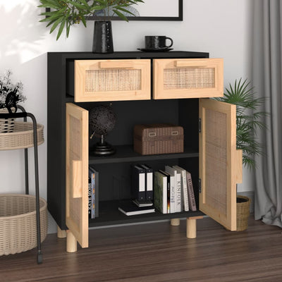Senkki musta 60x30x75 cm täysi mänty ja luonnonrottinki