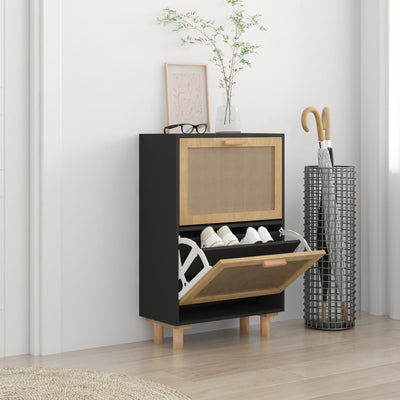 Kenkäkaappi musta 52x25x80 cm tekninen puu/luonnonrottinki