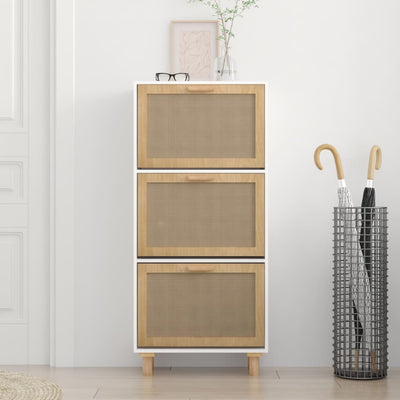 Kenkäkaappi valkoinen 52x25x115 cm tekninen puu/luonnonrottinki