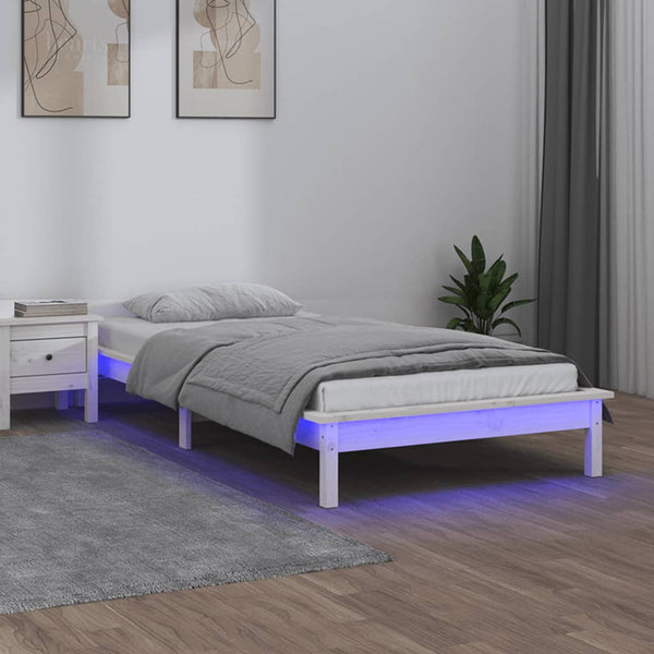 Sängynrunko LED-valoilla valkoinen 90x200 cm täysi puu