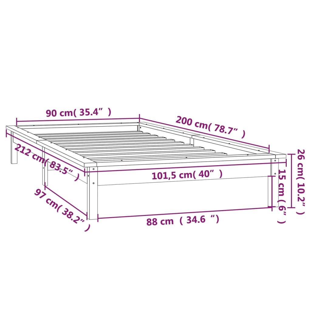 Hunajanruskea sängynrunko led-valoilla Amosie 90x200cm (puu)