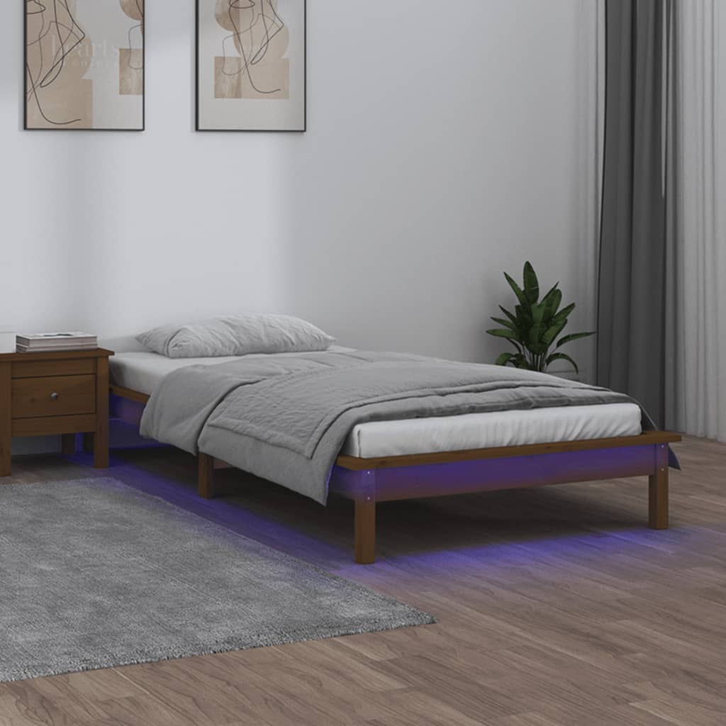 Hunajanruskea sängynrunko led-valoilla Amosie 90x200cm (puu)