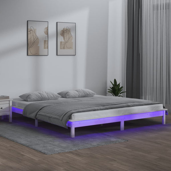 Sängynrunko LED-valoilla valkoinen 140x200 cm täysi puu