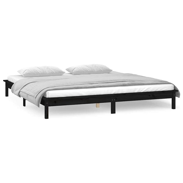 Sängynrunko LED-valoilla musta 135x190 cm Double täysi puu