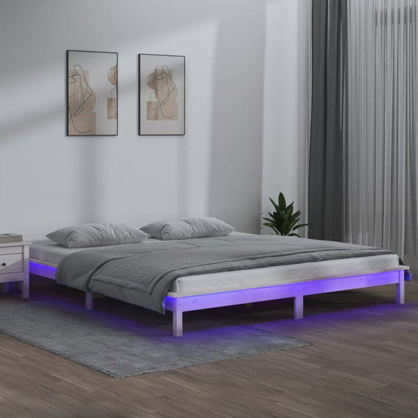 Sängynrunko LED-valoilla valkoinen 140x190 cm täysi puu