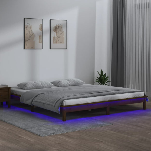 Sängynrunko LED-valoilla hunajanruskea 140x190 cm täysi puu