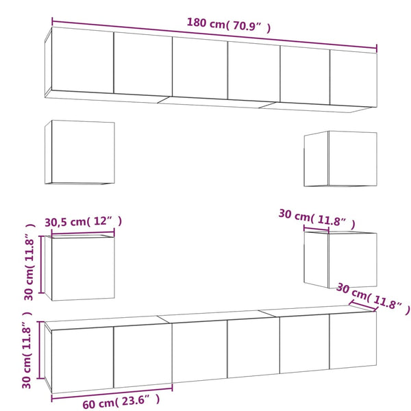10-osainen harmaa TV-kaappisarja teknisestä puusta Sonoma