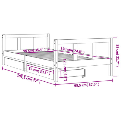 Lasten sängynrunko laatikoilla musta 90x190 cm täysi mänty