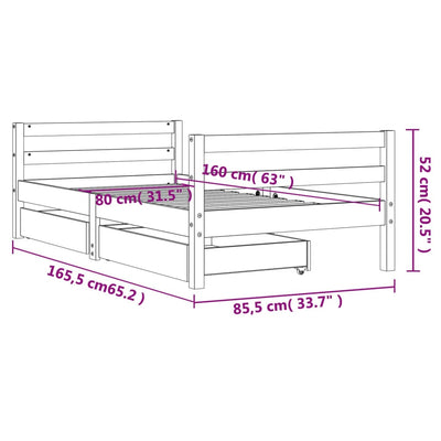 Valkoinen lasten sängynrunko laatikoilla Sipe 80x160cm (mänty)