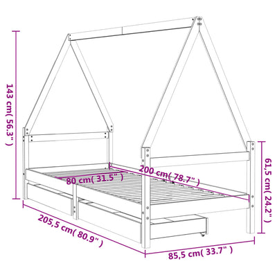 Lasten sängynrunko laatikoilla musta 80x200 cm täysi mänty