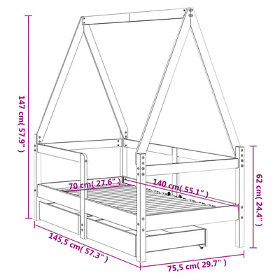 Lasten sängynrunko laatikoilla musta 70x140 cm täysi mänty