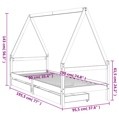 Lasten sängynrunko laatikoilla musta 90x190 cm täysi mänty