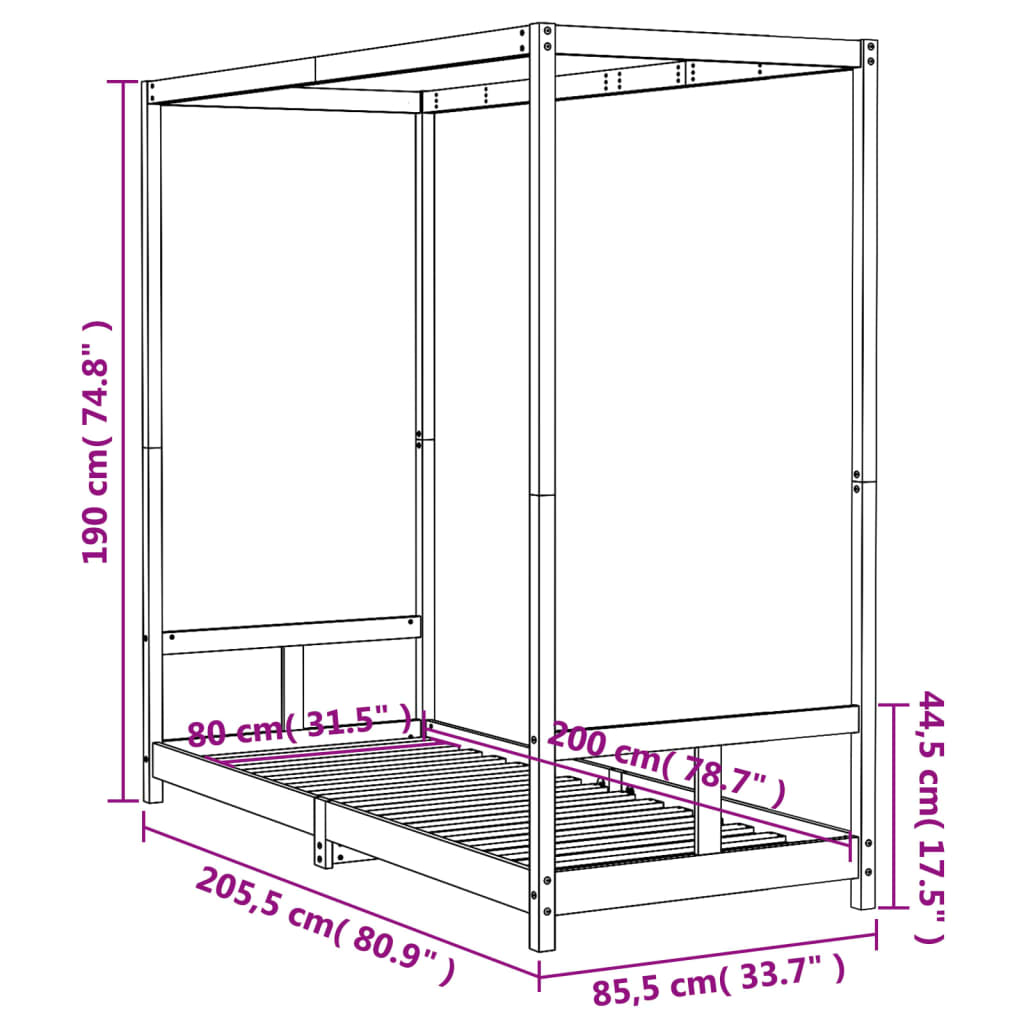 Musta lasten sängynrunko Manolin 80x200cm (mänty)