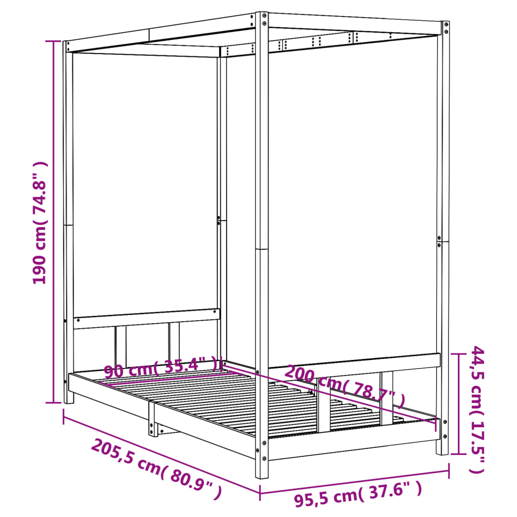 Musta lasten sängynrunko Manolin 90x200cm (mänty)