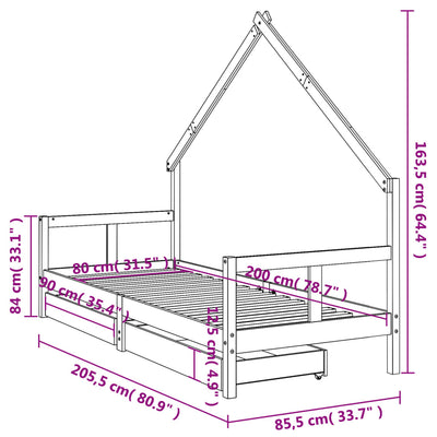 Lasten sängynrunko laatikoilla musta 80x200 cm täysi mänty