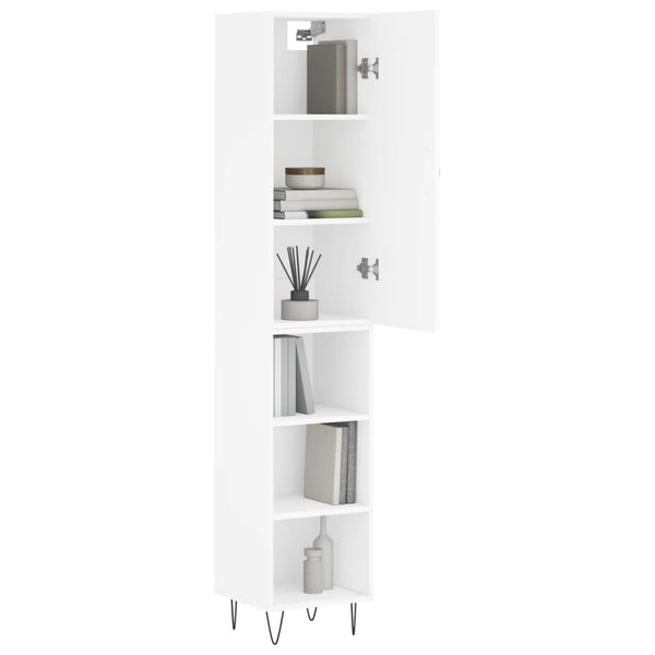 Valkoinen kaappi, mitat 34,5x34x180 cm, materiaali tekninen puu