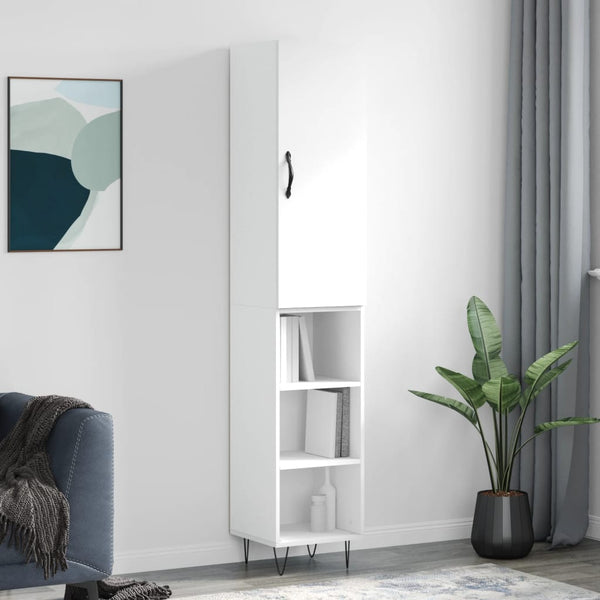 Valkoinen kaappi, mitat 34,5x34x180 cm, materiaali tekninen puu