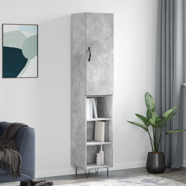 Betoninharmaa kaappi, 34,5x34x180 cm mitat, tekninen puu