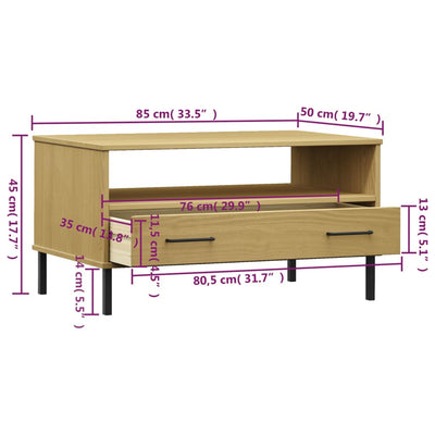 Sohvapöytä metallijaloilla ruskea 85x50x45 cm täyspuu OSLO