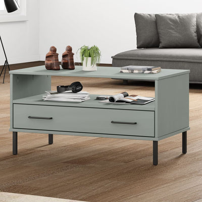 Sohvapöytä metallijaloilla harmaa 85x50x45 cm täyspuu OSLO