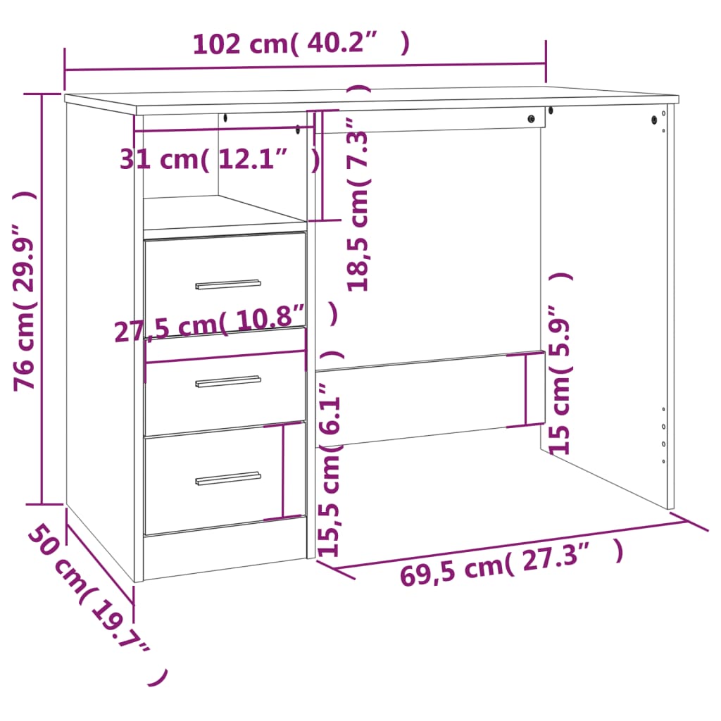 Betoninharmaa työpöytä laatikoilla Anaion 102x50x76cm (puinen)