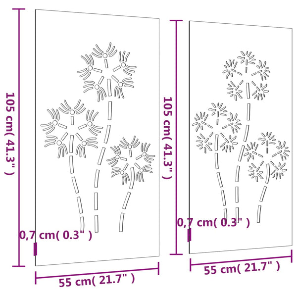 Corten teräs puutarhaseinäkoristeet Kyong 105x55cm (2 kpl kukkakuvio)