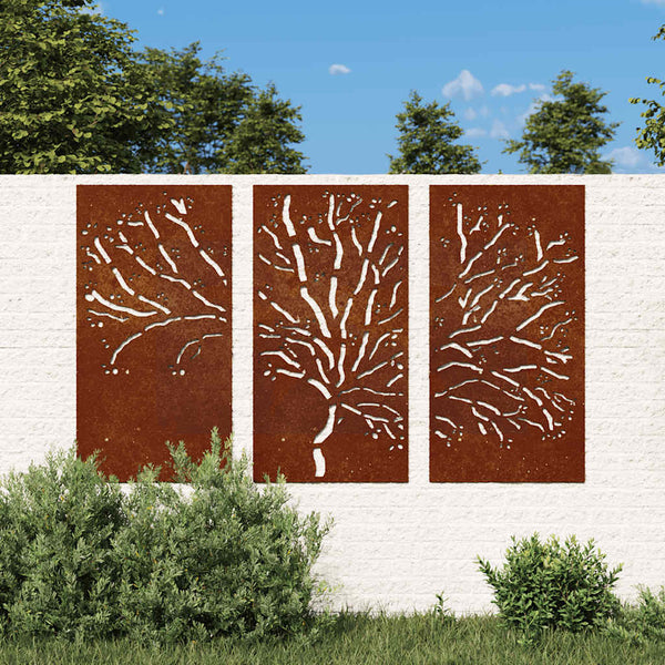 Puutarhaseinäkoristeet 3 kpl 105x55 cm corten teräs puukuvio