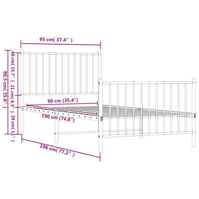 Valkoinen metallinen sängynrunko päädyillä Necsoiu 90x190cm