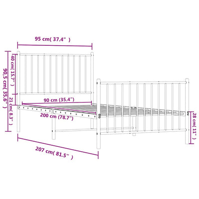 Valkoinen metallinen sängynrunko päädyillä Necsoiu 90x200cm
