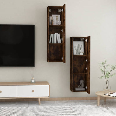 Seinäkiinnitettävät TV-tasot 2 kpl savutammi 30,5x30x110 cm